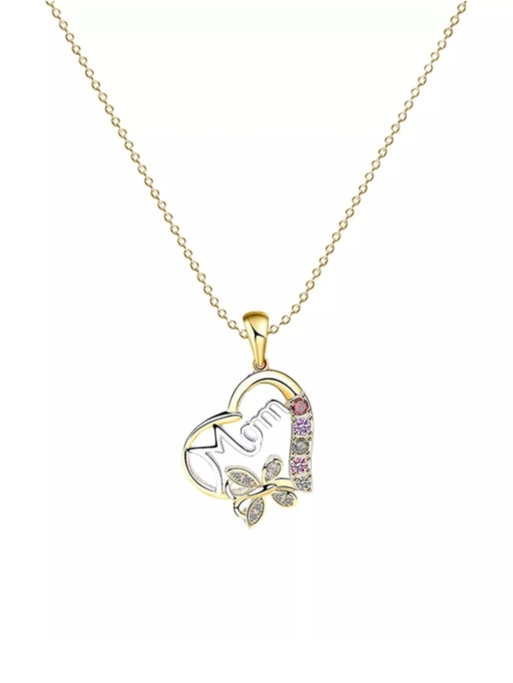 MOM Heart Pendant Necklace Gold Colorful Accents Women Jewelry Mother's Day Gift